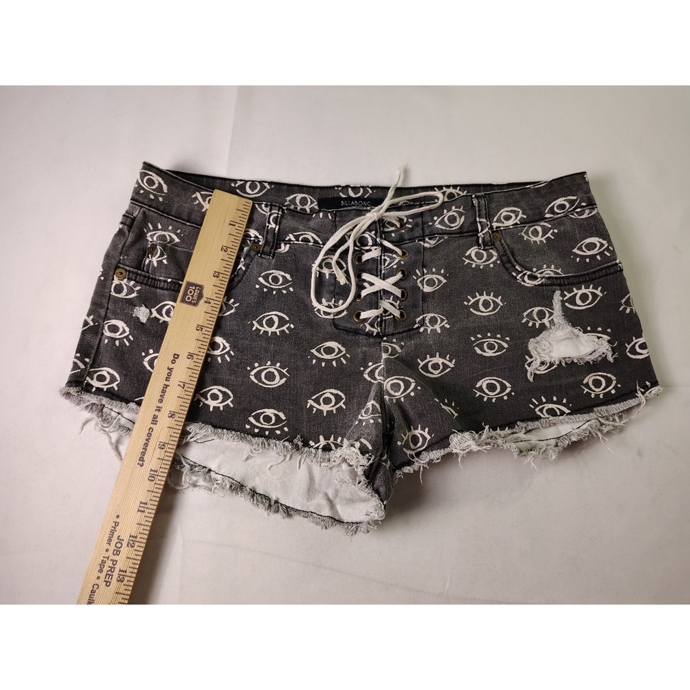 Billabong Womens 30 Eye Print Lace Up Denim Shorts Washed Black Grey Distressed - Picture 6 of 9